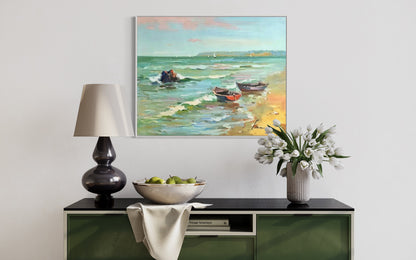 Serene Coastal Boats Oil Painting