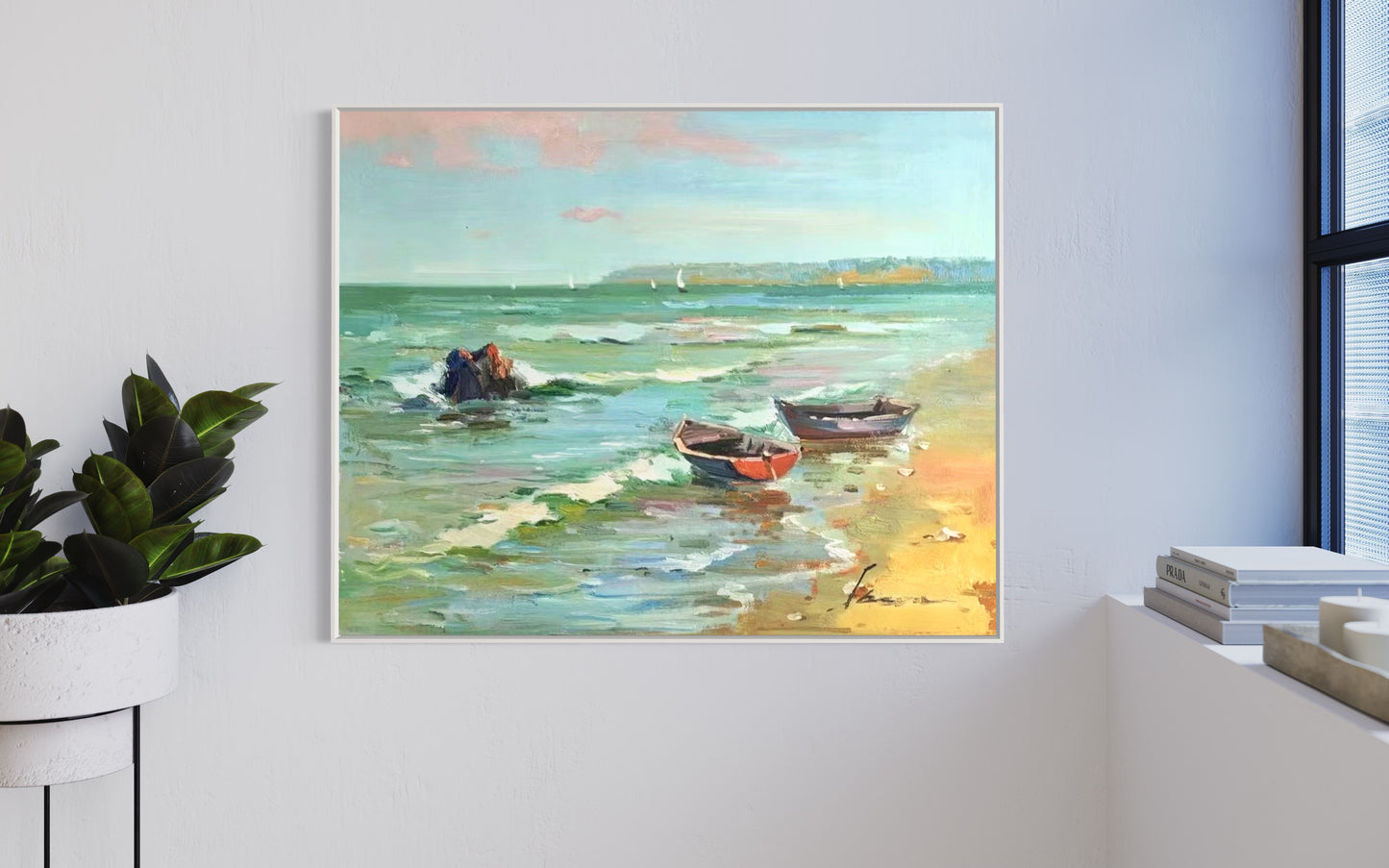 Serene Coastal Boats Oil Painting