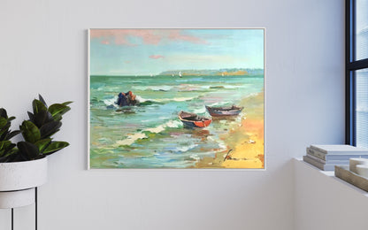 Serene Coastal Boats Oil Painting