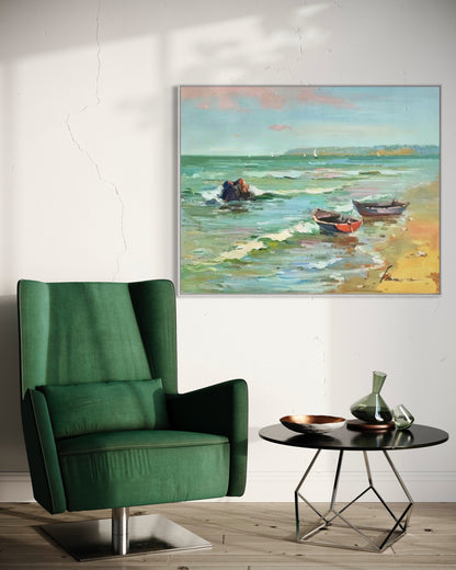 Serene Coastal Boats Oil Painting