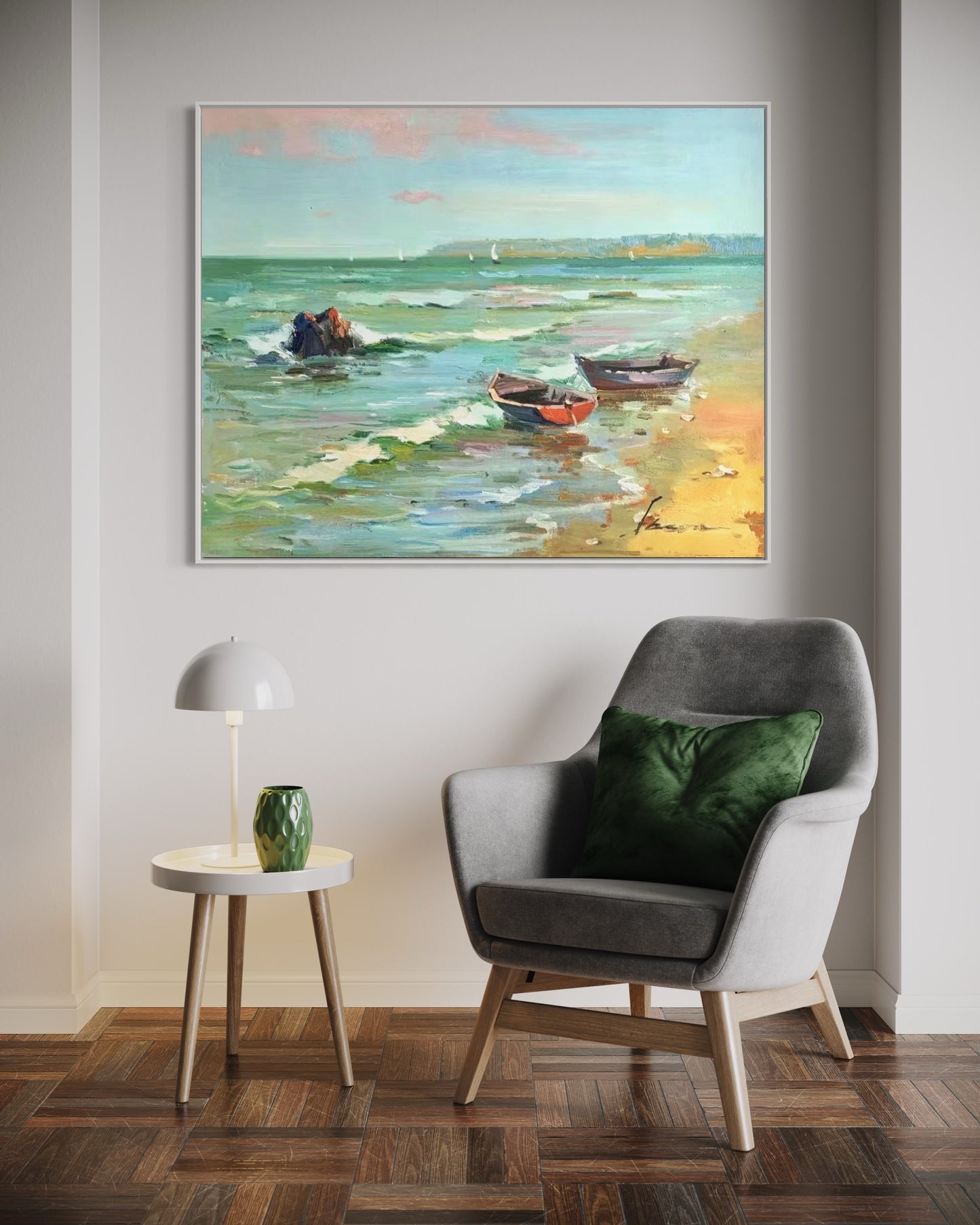 Serene Coastal Boats Oil Painting