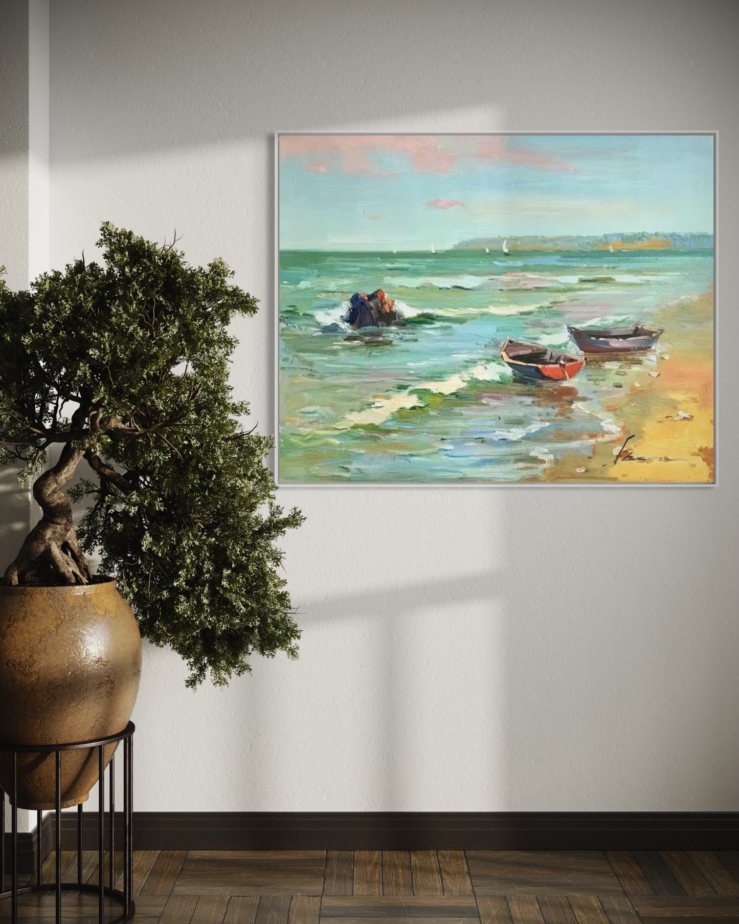 Serene Coastal Boats Oil Painting