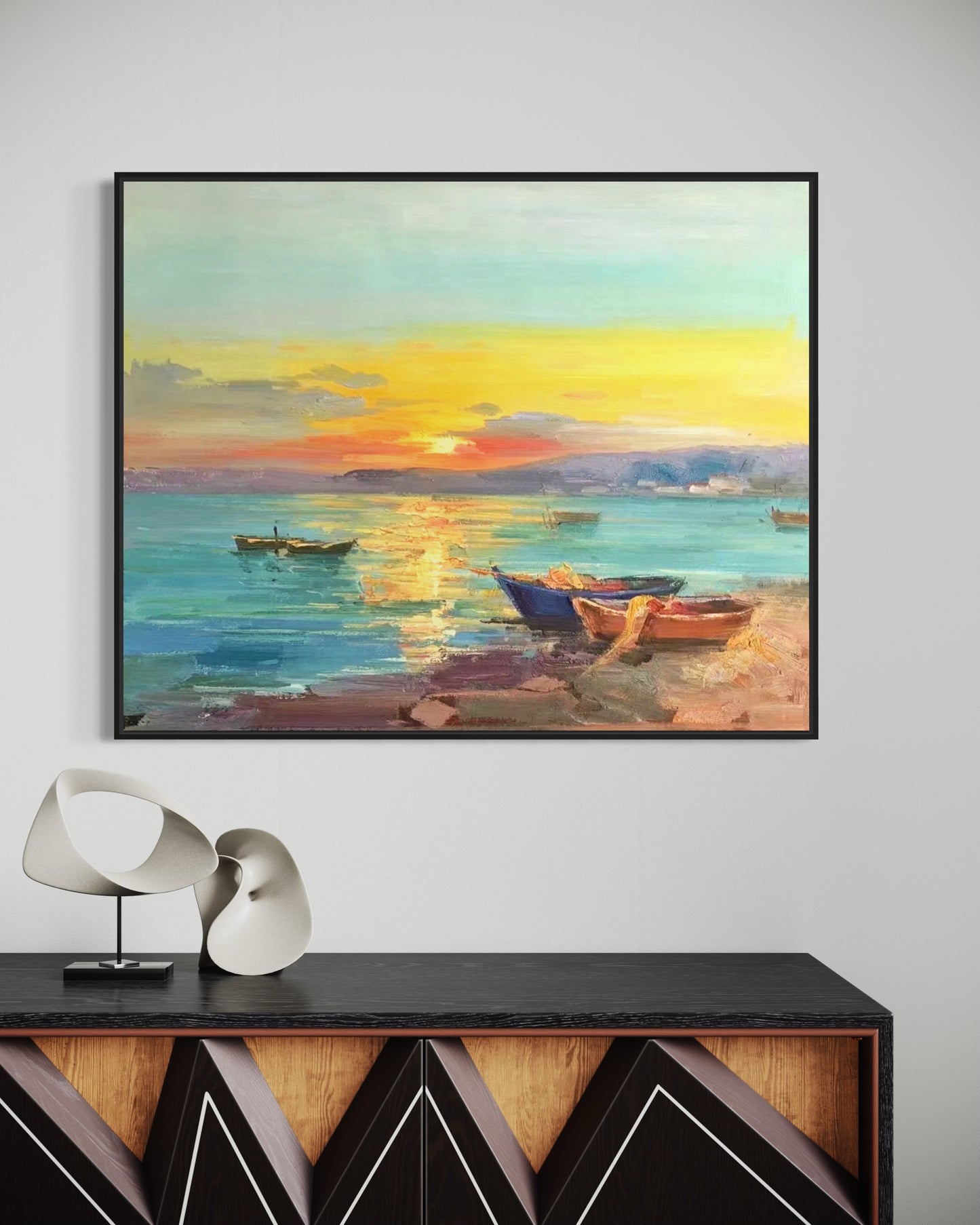 Sunset Over Coastal Village Oil Painting