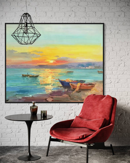 Sunset Over Coastal Village Oil Painting