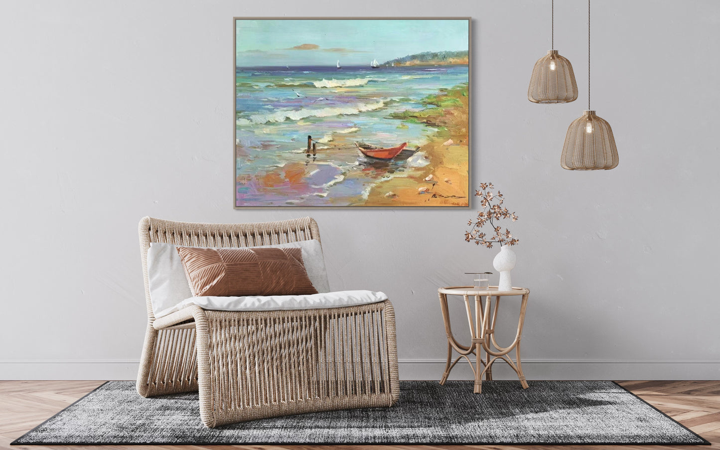 Peaceful Beach with Boats Oil Painting