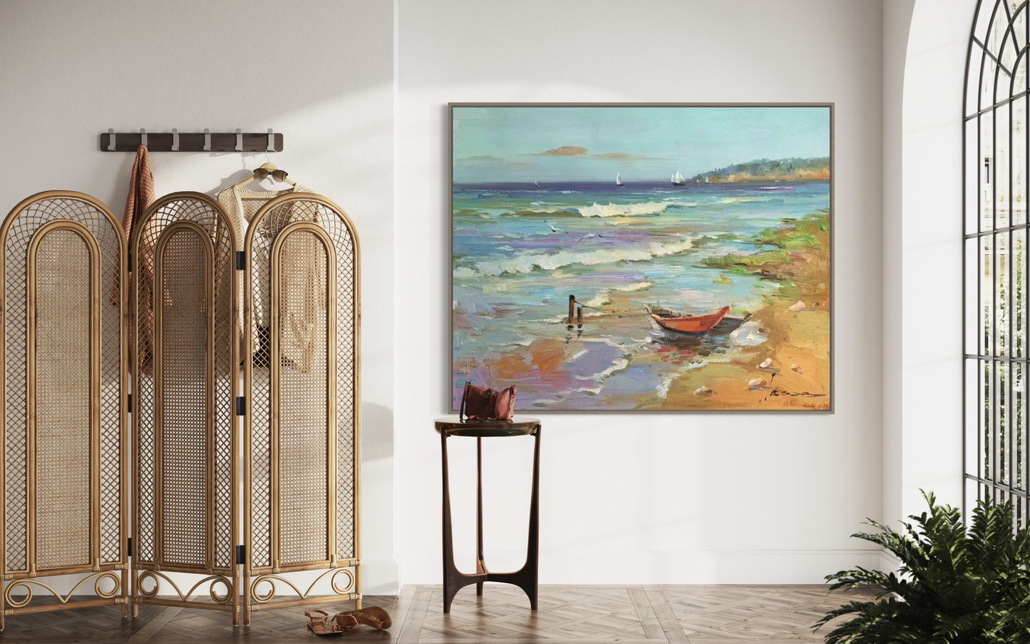 Peaceful Beach with Boats Oil Painting