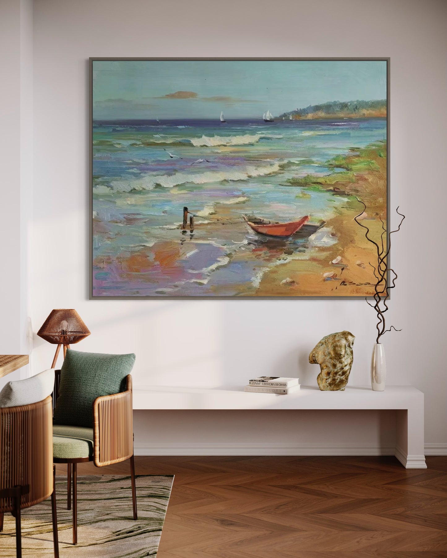 Peaceful Beach with Boats Oil Painting