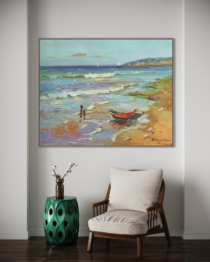 Peaceful Beach with Boats Oil Painting