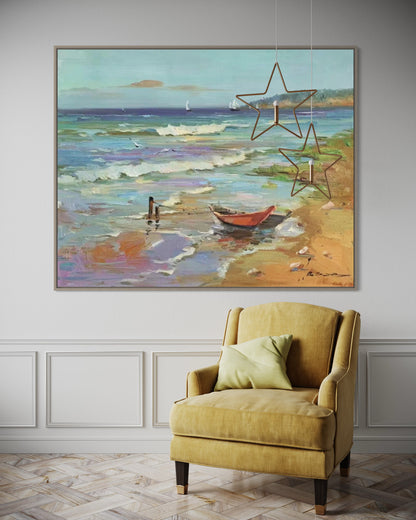 Peaceful Beach with Boats Oil Painting