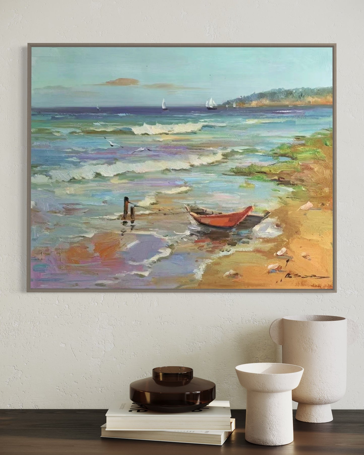 Peaceful Beach with Boats Oil Painting