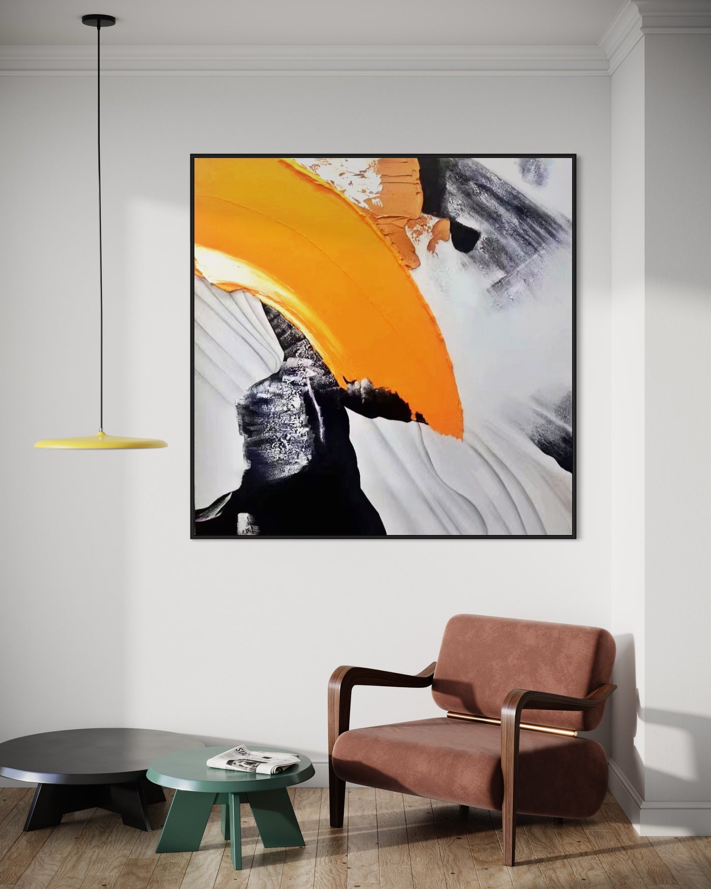 Large Acrylic Abstract Original Black and White Orange Oil Painting on Canvas