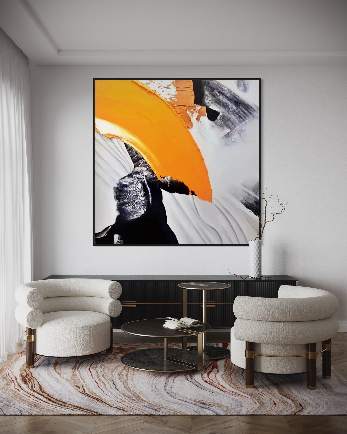 Large Acrylic Abstract Original Black and White Orange Oil Painting on Canvas