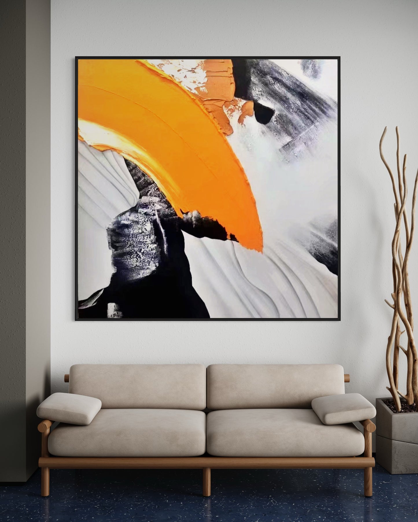 Large Acrylic Abstract Original Black and White Orange Oil Painting on Canvas