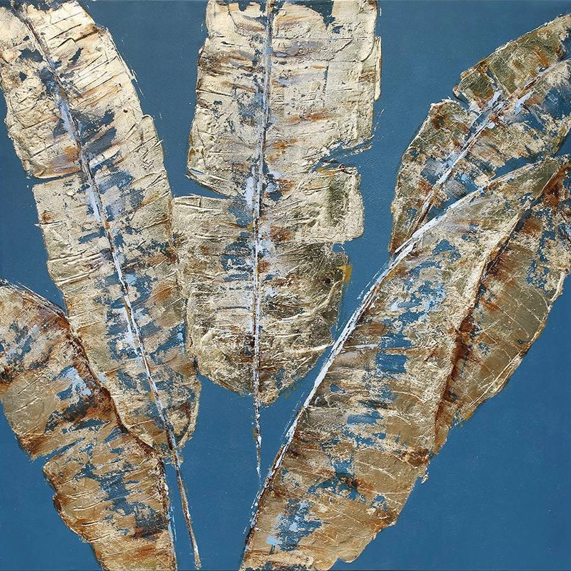 3D Textured Original Oil Painting on Canvas Blue Leaves Large Abstract Acrylic Painting