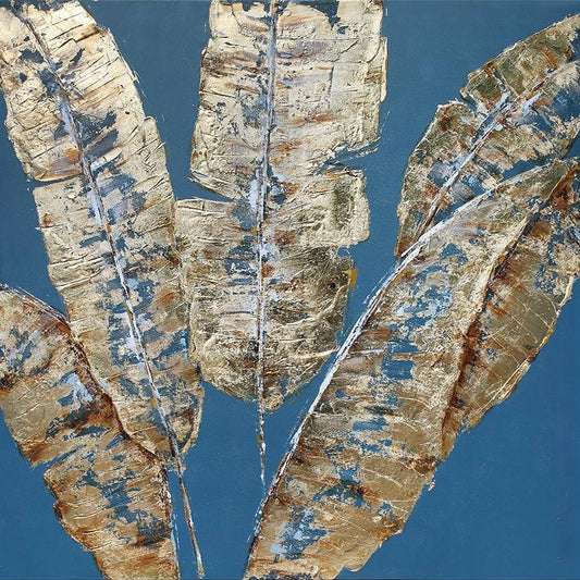 3D Textured Original Oil Painting on Canvas Blue Leaves Large Abstract Acrylic Painting