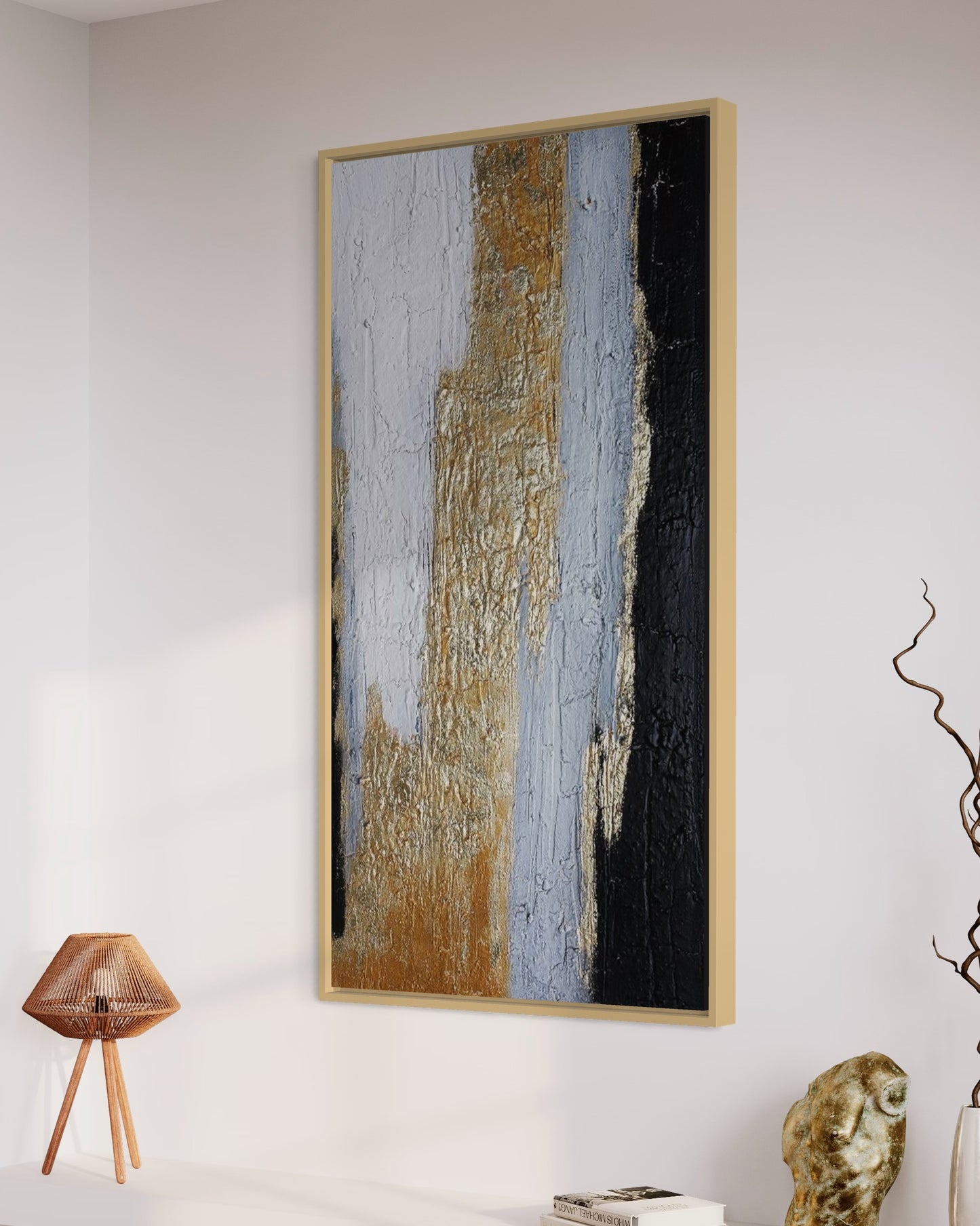 3D Textured Original Oil Painting on Canvas Golden & White & Black Large Abstract Acrylic Painting