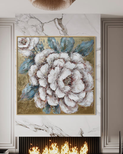 3D Textured Original Oil Painting on Canvas White Golden Flower Large Abstract Acrylic Painting