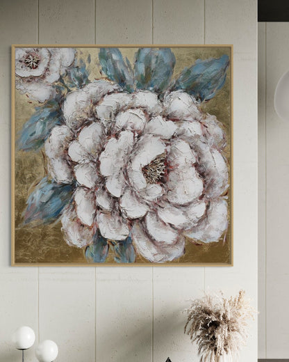 3D Textured Original Oil Painting on Canvas White Golden Flower Large Abstract Acrylic Painting