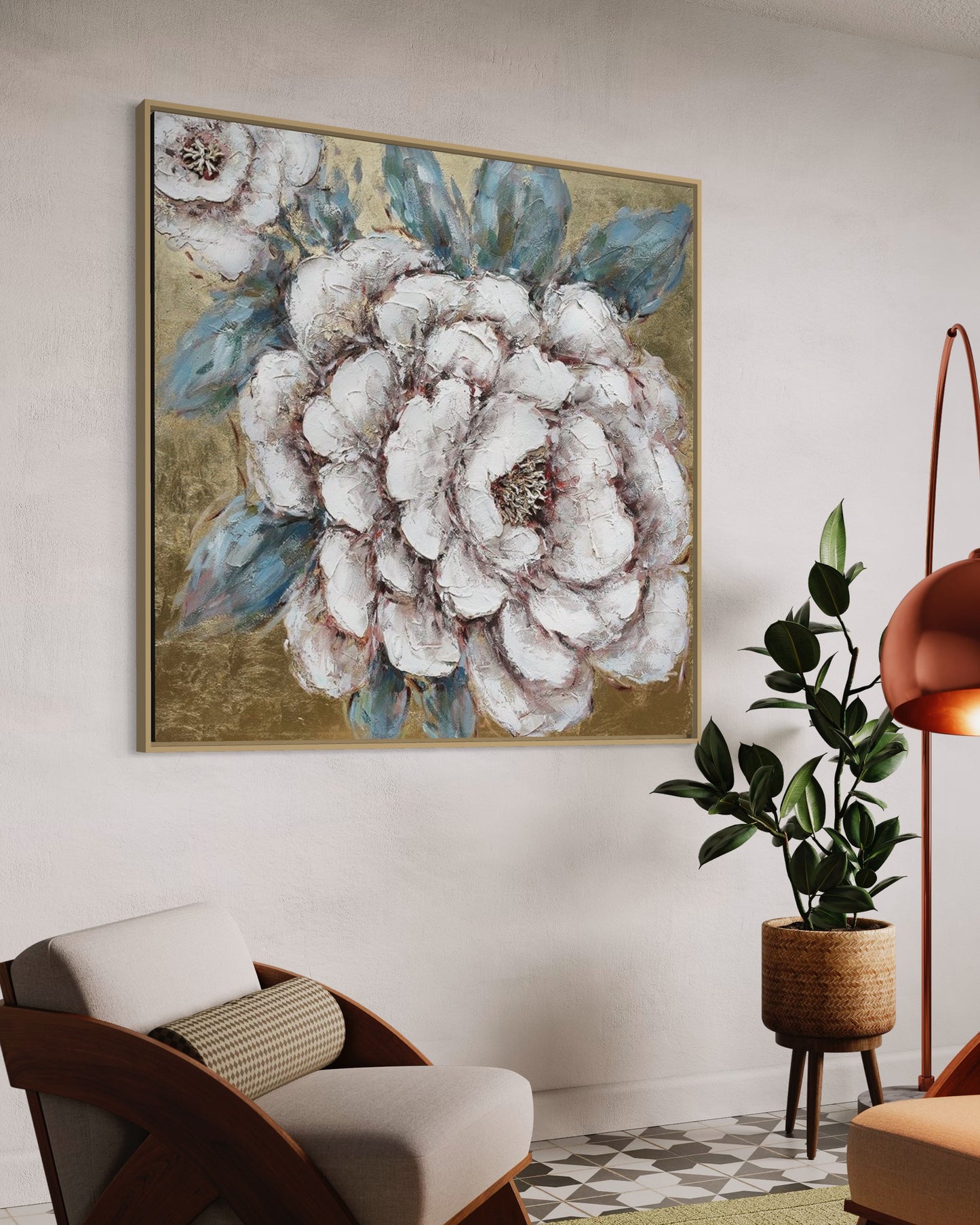 3D Textured Original Oil Painting on Canvas White Golden Flower Large Abstract Acrylic Painting