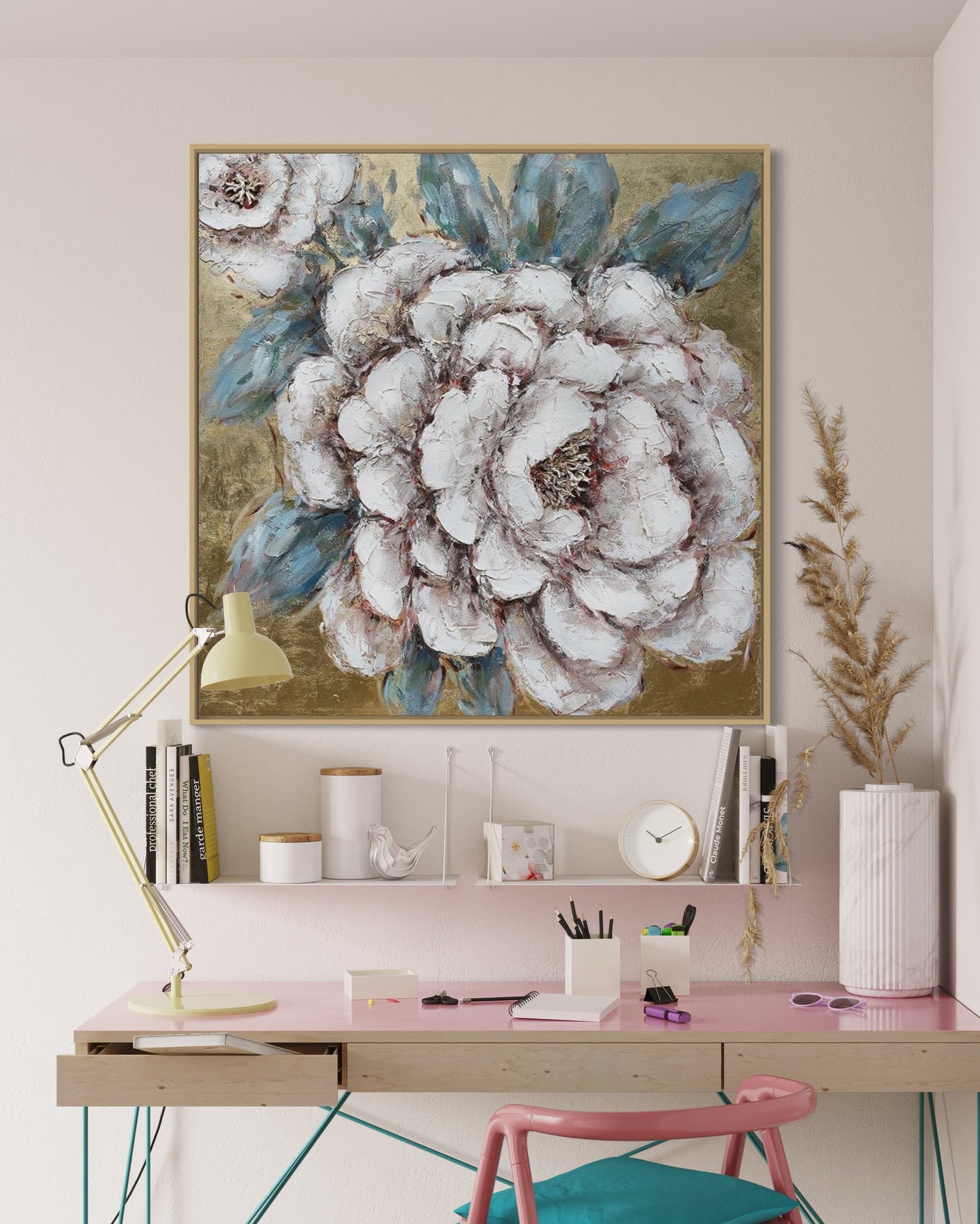 3D Textured Original Oil Painting on Canvas White Golden Flower Large Abstract Acrylic Painting