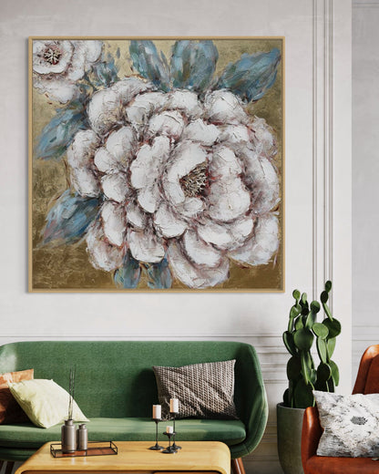 3D Textured Original Oil Painting on Canvas White Golden Flower Large Abstract Acrylic Painting