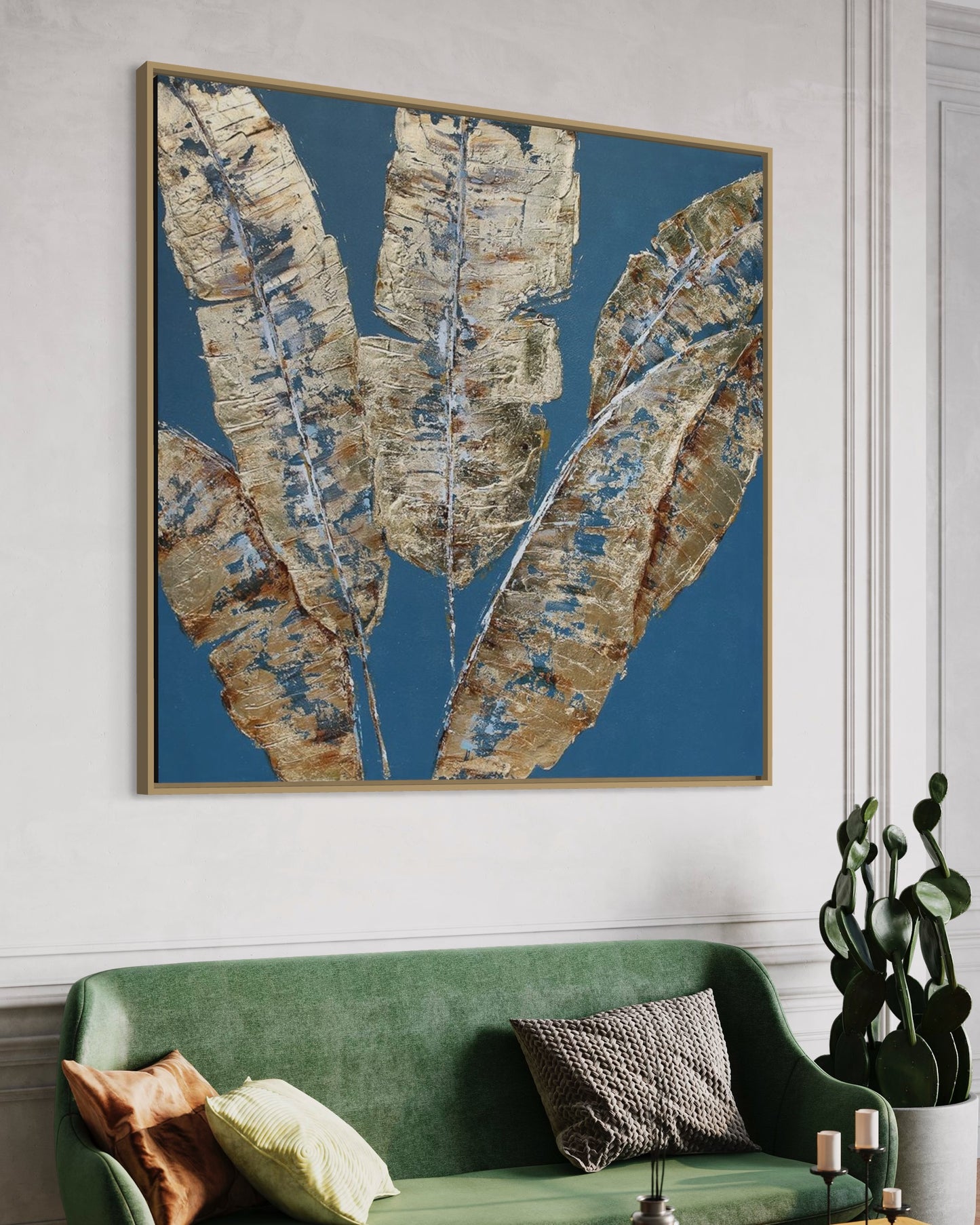 3D Textured Original Oil Painting on Canvas Blue Leaves Large Abstract Acrylic Painting