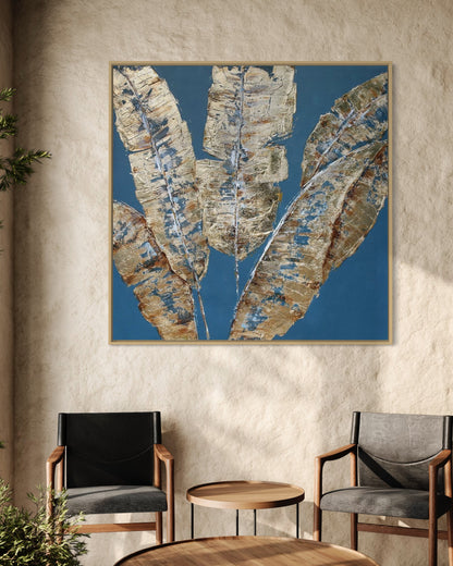 3D Textured Original Oil Painting on Canvas Blue Leaves Large Abstract Acrylic Painting