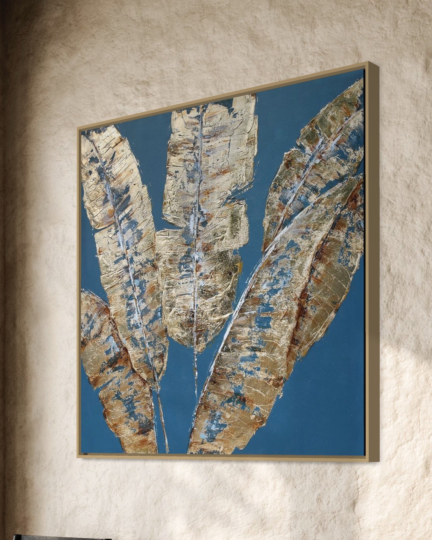 3D Textured Original Oil Painting on Canvas Blue Leaves Large Abstract Acrylic Painting