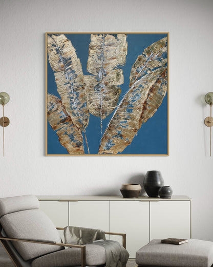 3D Textured Original Oil Painting on Canvas Blue Leaves Large Abstract Acrylic Painting