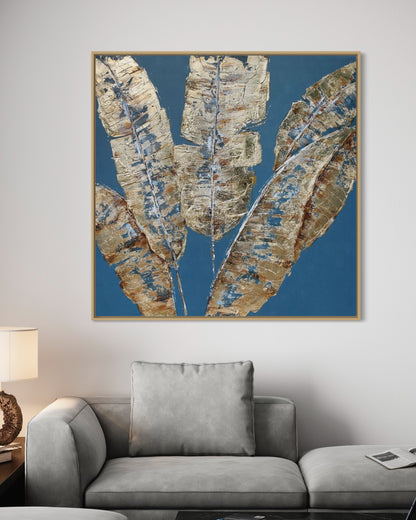 3D Textured Original Oil Painting on Canvas Blue Leaves Large Abstract Acrylic Painting