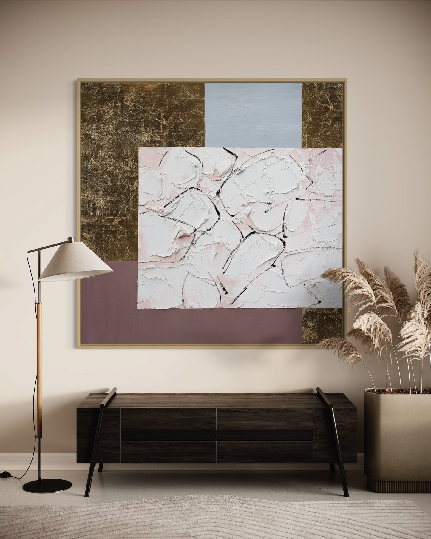 3D Textured Original Oil Painting on Canvas Golden & Pink & Blue Large Abstract Acrylic Painting