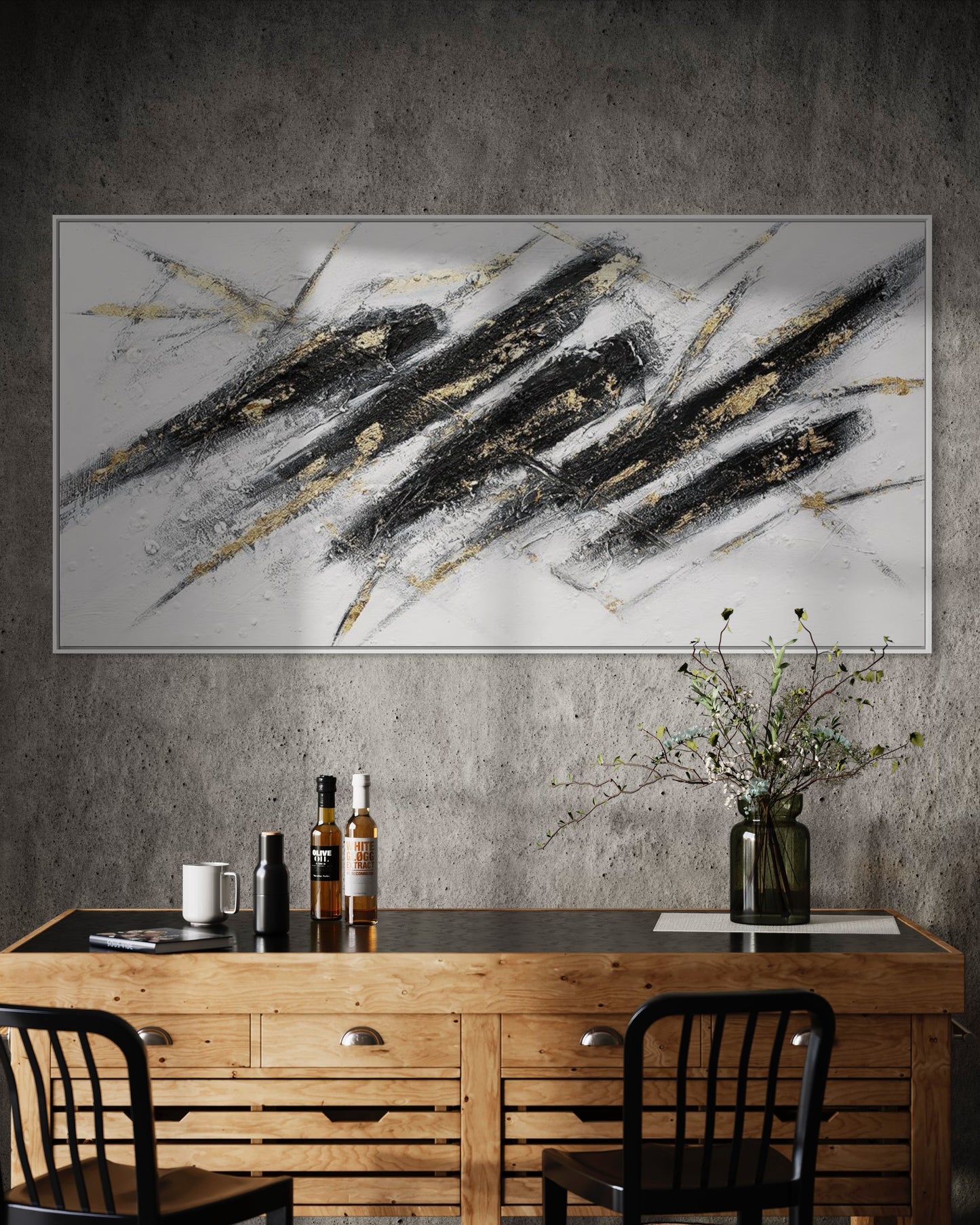 3D Textured Original Oil Painting on Canvas Black line Large Abstract Acrylic Painting