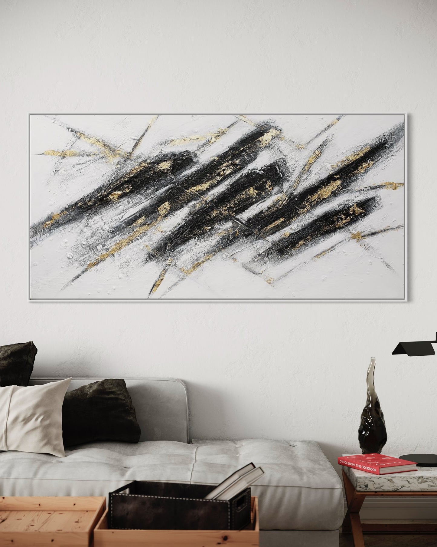 3D Textured Original Oil Painting on Canvas Black line Large Abstract Acrylic Painting