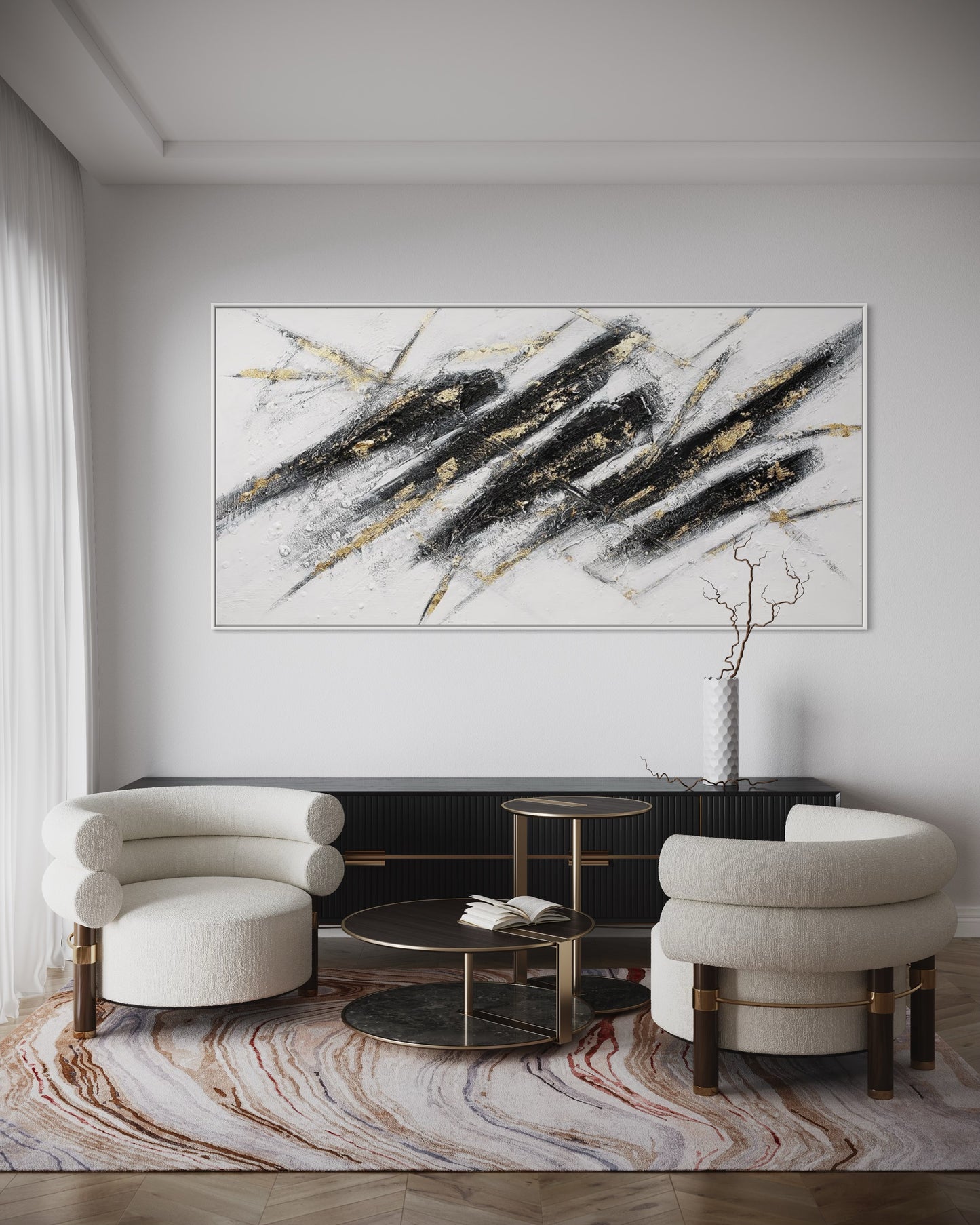 3D Textured Original Oil Painting on Canvas Black line Large Abstract Acrylic Painting