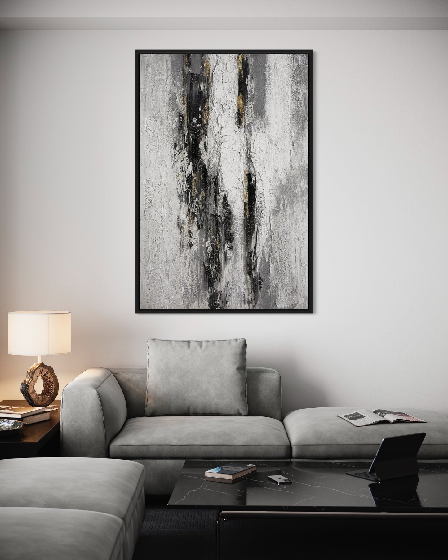 3D Textured Original Oil Painting on Canvas Black & White Lines Large Abstract Acrylic Painting