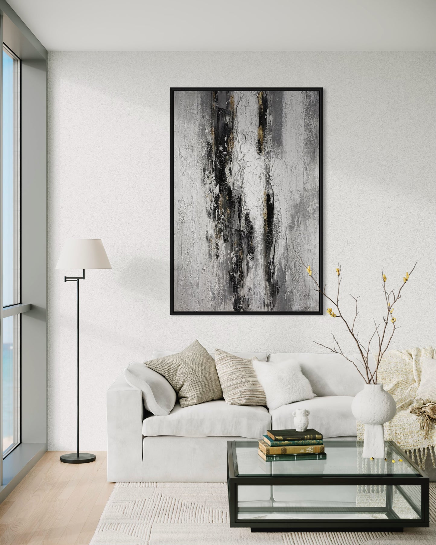 3D Textured Original Oil Painting on Canvas Black & White Lines Large Abstract Acrylic Painting