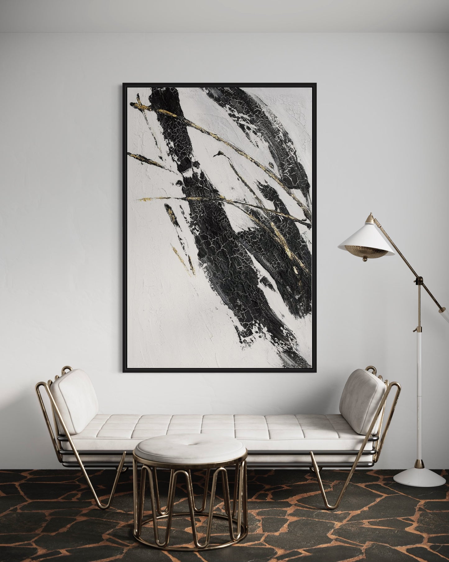 3D Textured Original Oil Painting on Canvas Black & White Diagonal Stripes Large Abstract Acrylic Painting