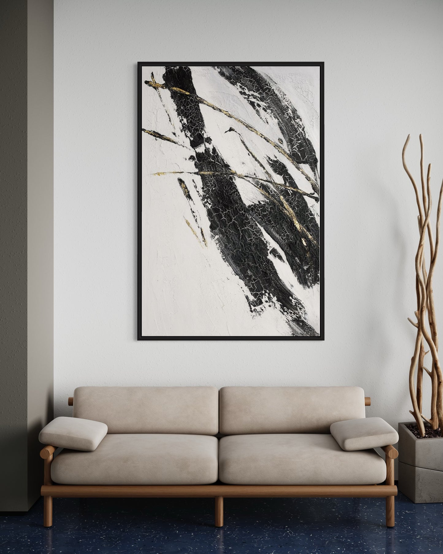 3D Textured Original Oil Painting on Canvas Black & White Diagonal Stripes Large Abstract Acrylic Painting