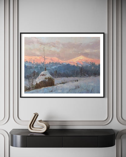 Snowy Mountains at Sunset Oil Painting