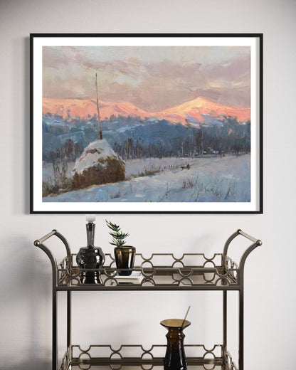 Snowy Mountains at Sunset Oil Painting