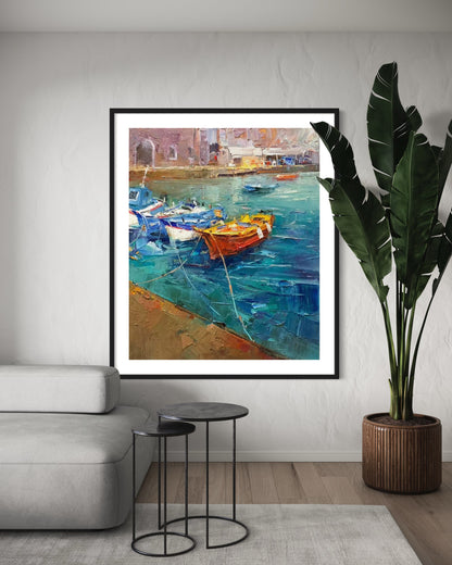 Colorful Boats at Dock Oil Painting