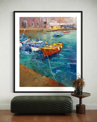 Colorful Boats at Dock Oil Painting