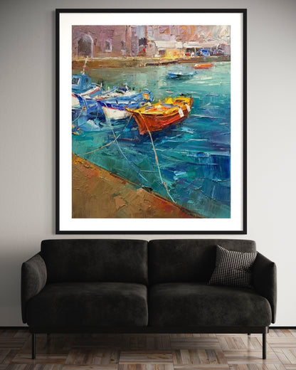 Colorful Boats at Dock Oil Painting