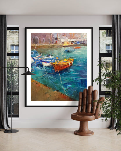 Colorful Boats at Dock Oil Painting