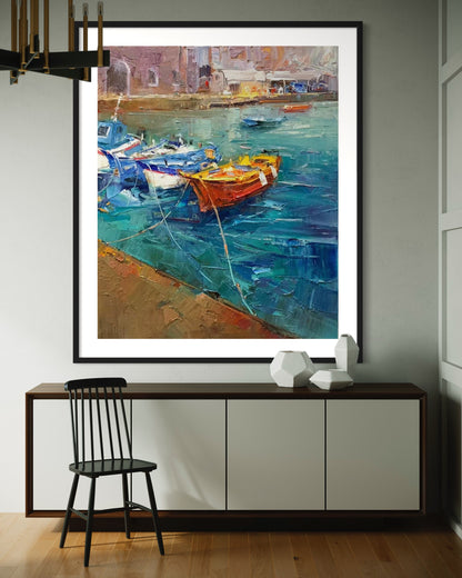 Colorful Boats at Dock Oil Painting