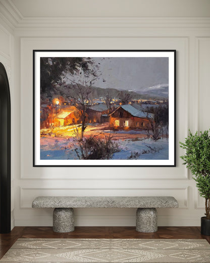 Snowy Evening Cabin Oil Painting