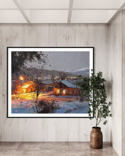 Snowy Evening Cabin Oil Painting