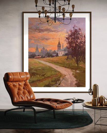 Golden Sunset Over Countryside Oil Painting