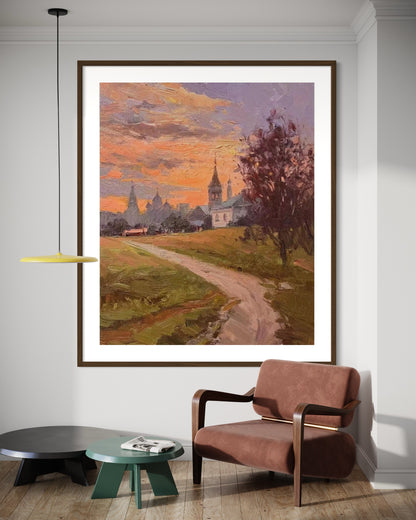 Golden Sunset Over Countryside Oil Painting