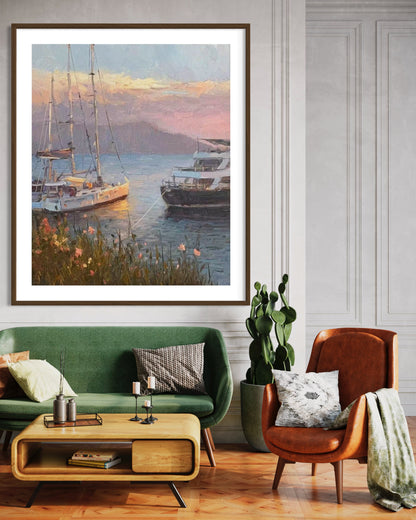 Serene Yacht Harbor Oil Painting